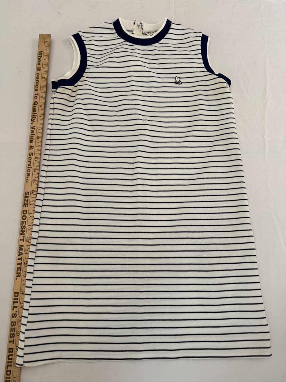 Vintage 70s Queen Casuals Navy White Striped Knit Shift Dress Sleeveless